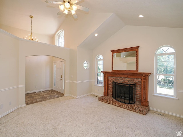 1539 S 50 E, Salem, UT 84653 - unfurnished living room featuring carpet floors, healthy amount of natural light, a chandelier, a fireplace, and recessed lighting