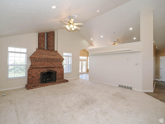 1539 S 50 E, Salem, UT 84653 - unfurnished living room with ceiling fan, high vaulted ceiling, carpet flooring, a fireplace, and recessed lighting
