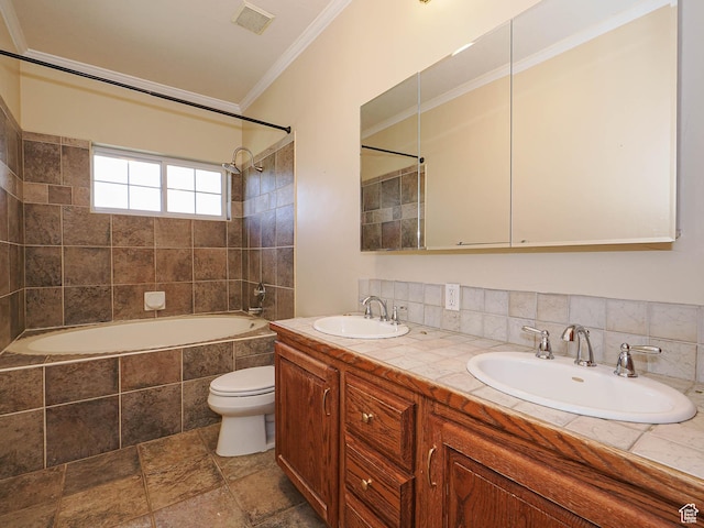 1539 S 50 E, Salem, UT 84653 - bathroom featuring tiled shower / bath, ornamental molding, double vanity, and stone finish floors
