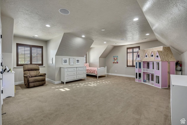 789 Eliza Ct, Farmington, UT 84025 - bedroom featuring a textured ceiling, lofted ceiling, carpet floors, and recessed lighting