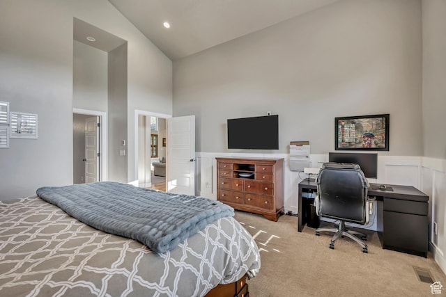 789 Eliza Ct, Farmington, UT 84025 - bedroom with carpet flooring, high vaulted ceiling, an office area, and a wainscoted wall