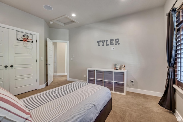 789 Eliza Ct, Farmington, UT 84025 - bedroom featuring attic access, light carpet, and recessed lighting