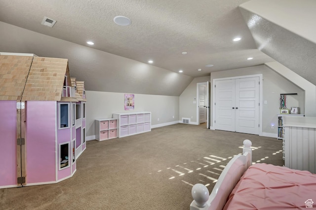 789 Eliza Ct, Farmington, UT 84025 - carpeted bedroom with lofted ceiling, a textured ceiling, a closet, and recessed lighting