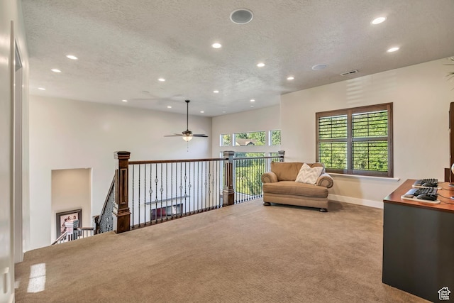 789 Eliza Ct, Farmington, UT 84025 - living area with recessed lighting, carpet floors, a textured ceiling, a ceiling fan, and an upstairs landing