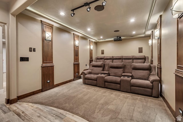 789 Eliza Ct, Farmington, UT 84025 - home theater with a tray ceiling, recessed lighting, carpet flooring, and wood finished floors