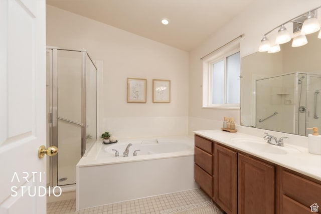 796 N 200 W, American Fork, UT 84003 - full bathroom with vanity, a shower stall, a bath, tile patterned floors, and recessed lighting