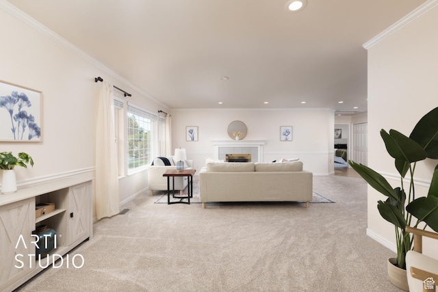 796 N 200 W, American Fork, UT 84003 - living area featuring ornamental molding, light carpet, a fireplace, and recessed lighting