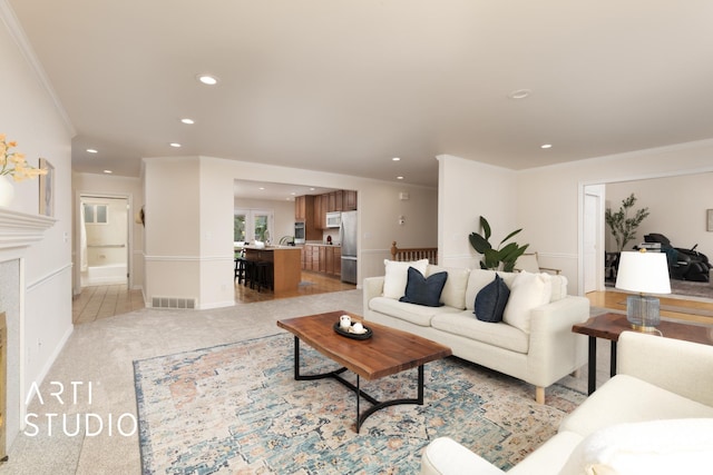 796 N 200 W, American Fork, UT 84003 - living area featuring recessed lighting, ornamental molding, and light colored carpet