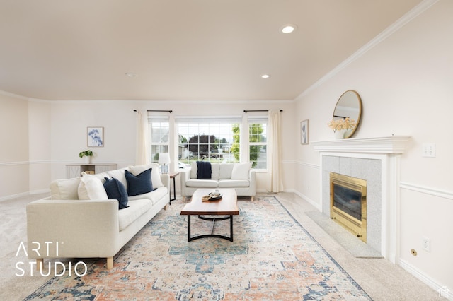 796 N 200 W, American Fork, UT 84003 - carpeted living room featuring crown molding, a tile fireplace, and recessed lighting