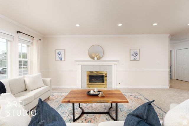 796 N 200 W, American Fork, UT 84003 - living area with ornamental molding, recessed lighting, a tile fireplace, and carpet flooring