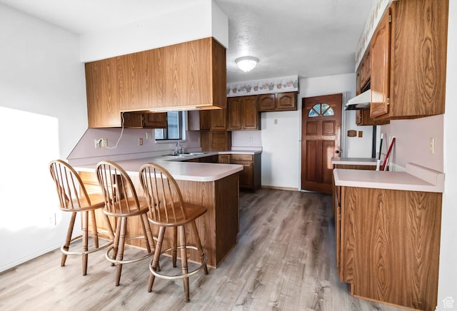 458 E 200 S, Annabella, UT 84711 - kitchen featuring a peninsula, light wood-type flooring, a breakfast bar area, light countertops, and brown cabinetry