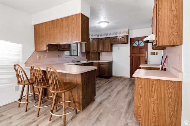 458 E 200 S, Annabella, UT 84711 - kitchen featuring a peninsula, light wood-style flooring, a kitchen breakfast bar, light countertops, and under cabinet range hood
