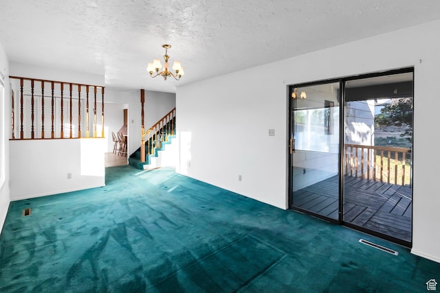 458 E 200 S, Annabella, UT 84711 - unfurnished living room featuring carpet floors, a chandelier, stairs, and a textured ceiling