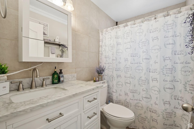 4807 S Heath Ave W, Salt Lake City, UT 84118 - bathroom featuring tile walls, vanity, a shower with shower curtain, and decorative backsplash