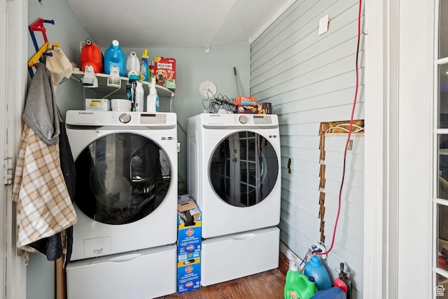 4807 S Heath Ave W, Salt Lake City, UT 84118 - laundry room with independent washer and dryer, wood finished floors, and wood walls
