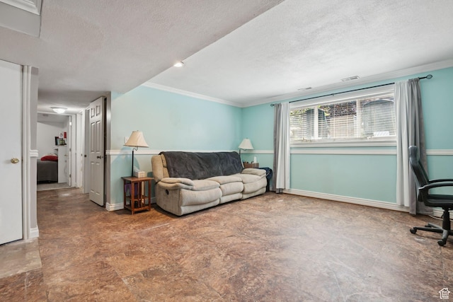 4807 S Heath Ave W, Salt Lake City, UT 84118 - living area featuring ornamental molding and a textured ceiling