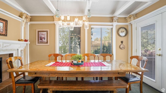 2275 E 9800 S, Sandy, UT 84092 - dining room featuring a chandelier, ornamental molding, a fireplace, and beamed ceiling