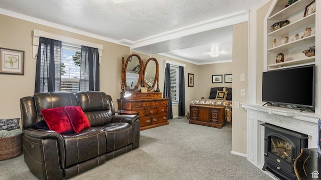 2275 E 9800 S, Sandy, UT 84092 - carpeted living room featuring a fireplace, crown molding, and a textured ceiling