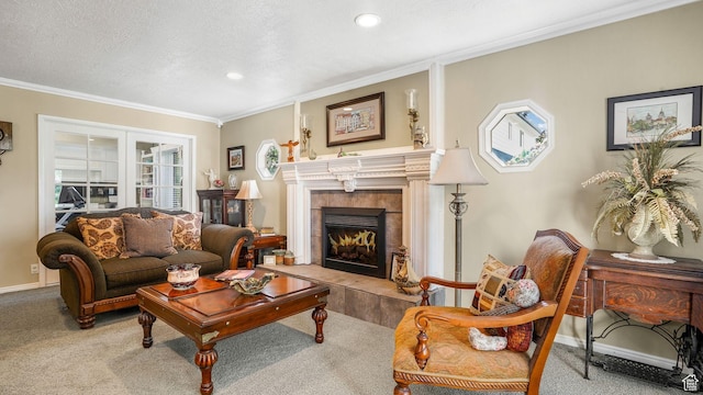2275 E 9800 S, Sandy, UT 84092 - carpeted living room featuring crown molding, a tile fireplace, recessed lighting, french doors, and a textured ceiling