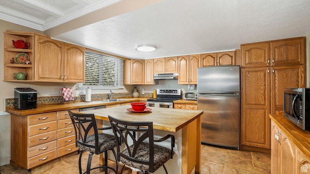 2275 E 9800 S, Sandy, UT 84092 - kitchen with stainless steel appliances, butcher block counters, under cabinet range hood, a breakfast bar area, and open shelves