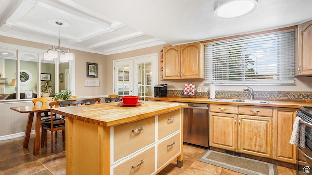 2275 E 9800 S, Sandy, UT 84092 - kitchen with stainless steel appliances, wood counters, light tile patterned floors, coffered ceiling, and french doors