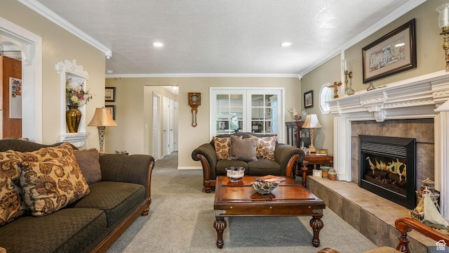 2275 E 9800 S, Sandy, UT 84092 - carpeted living area featuring a tiled fireplace, recessed lighting, and crown molding