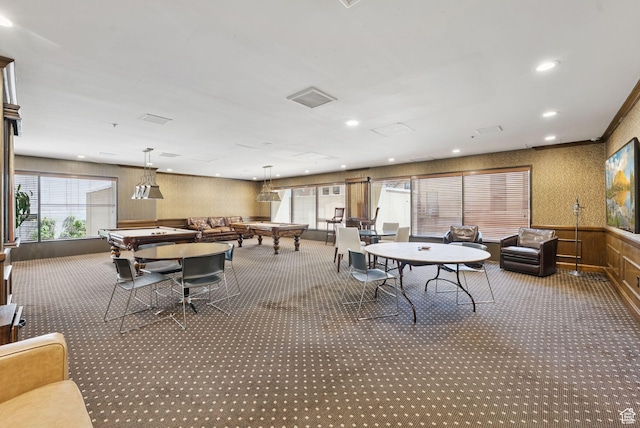 48 W 300 S Unit 1405N, Salt Lake City, UT 84101 - recreation room with billiards, carpet, a wainscoted wall, recessed lighting, and wooden walls