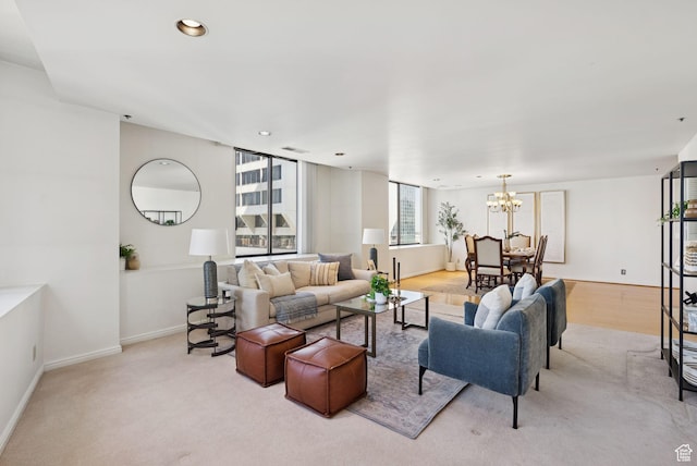 48 W 300 S Unit 1405N, Salt Lake City, UT 84101 - living room with a chandelier, light carpet, and recessed lighting