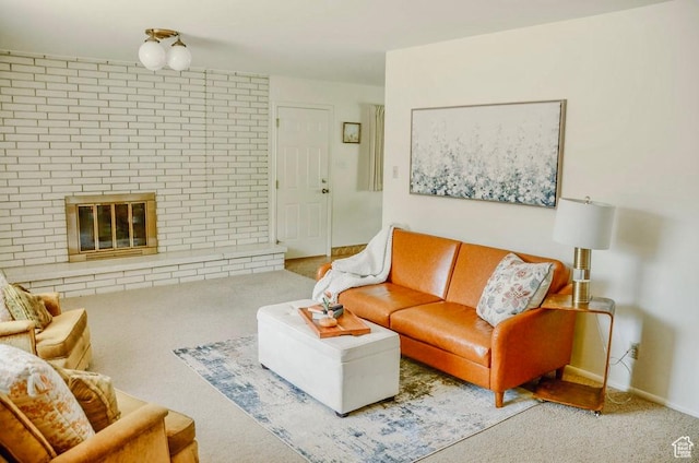 521 N Grove Dr, Alpine, UT 84004 - carpeted living area featuring a brick fireplace