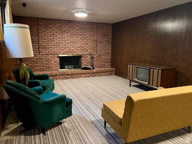 521 N Grove Dr, Alpine, UT 84004 - living room with a fireplace, carpet, wooden walls, and brick wall