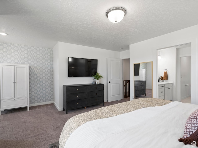 132 E Geyser Ct, Saratoga Springs, UT 84045 - carpeted bedroom with wallpapered walls, a textured ceiling, and ensuite bathroom