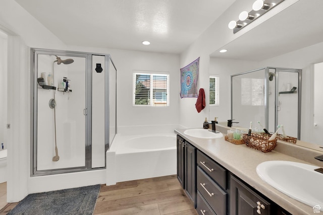 3908 W Lorient Ave, West Jordan, UT 84084 - bathroom featuring a shower stall, a garden tub, double vanity, and recessed lighting