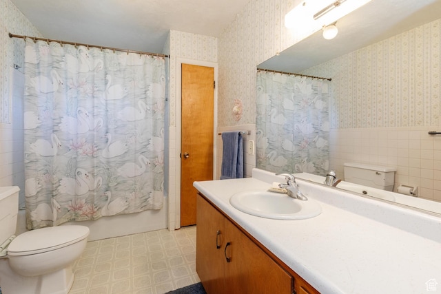 85 E 500 S, Providence, UT 84332 - bathroom featuring wallpapered walls, a wainscoted wall, tile patterned floors, vanity, and shower / bath combo with shower curtain