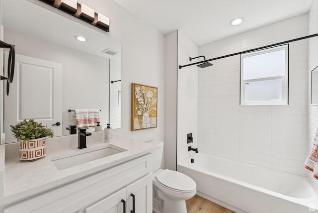 932 W Walden Meadows Dr S, Salt Lake City, UT 84123 - bathroom with vanity, shower / tub combination, wood finished floors, and recessed lighting