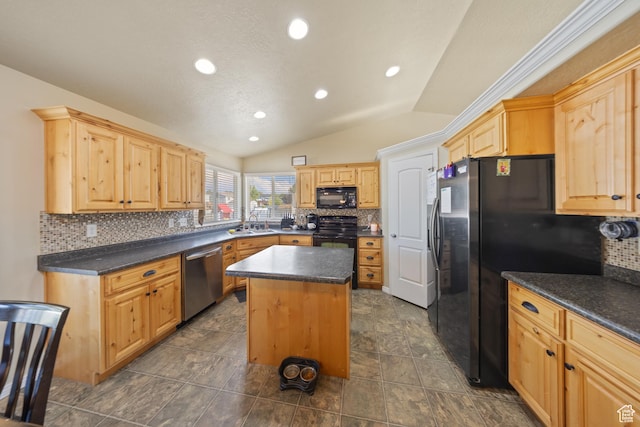 4022 S 2725 W, Roy, UT 84067 - kitchen featuring black appliances, lofted ceiling, a center island, dark countertops, and decorative backsplash