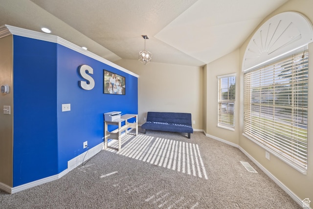 4022 S 2725 W, Roy, UT 84067 - living area featuring carpet, lofted ceiling, and a chandelier