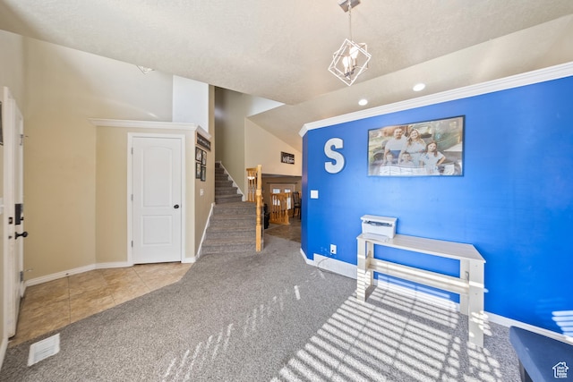 4022 S 2725 W, Roy, UT 84067 - carpeted dining room featuring stairway, tile patterned flooring, ornamental molding, and recessed lighting