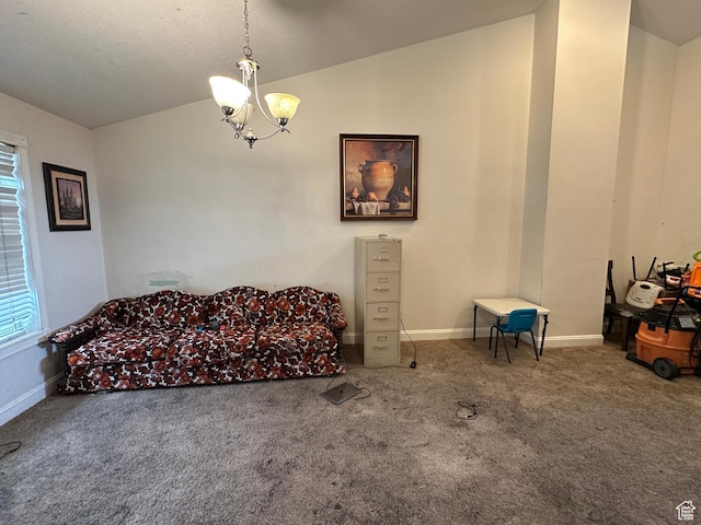 83 E 1820 S, Orem, UT 84058 - living area featuring vaulted ceiling, carpet floors, a chandelier, and plenty of natural light
