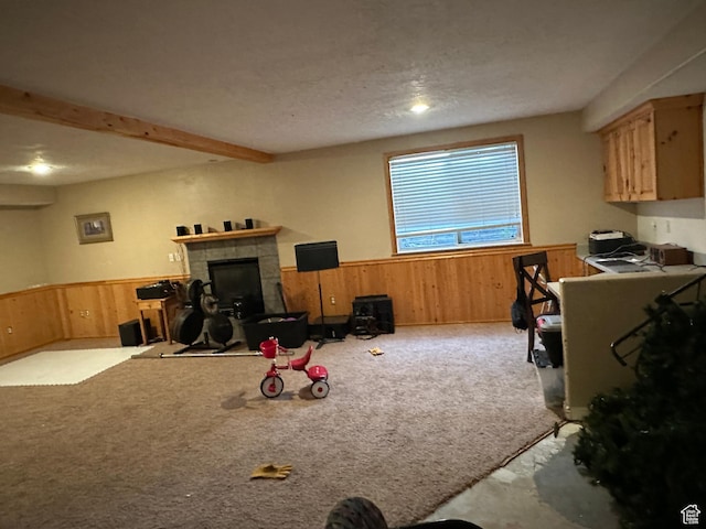 83 E 1820 S, Orem, UT 84058 - rec room featuring a wainscoted wall, wood walls, carpet floors, a fireplace, and beam ceiling