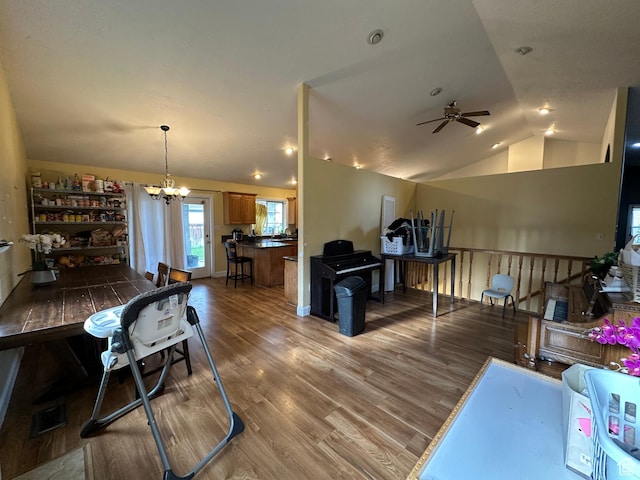 83 E 1820 S, Orem, UT 84058 - dining room featuring lofted ceiling, a ceiling fan, a chandelier, and wood finished floors