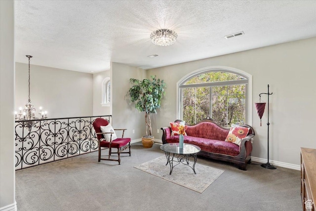 1711 N Compton Rd, Farmington, UT 84025 - carpeted living area with a chandelier, plenty of natural light, and a textured ceiling