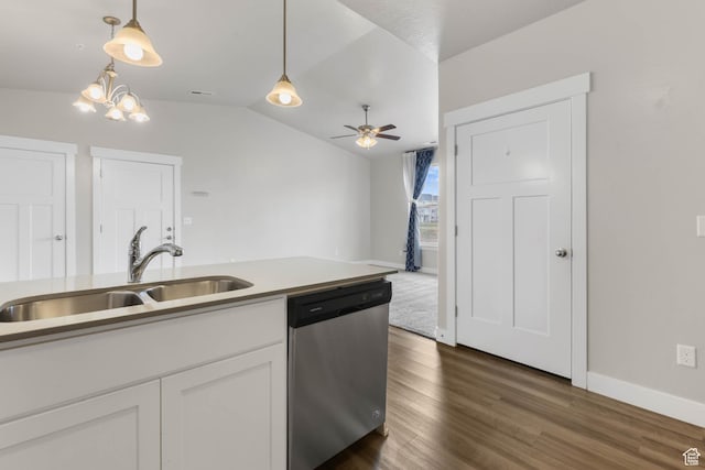4234 W Mckellen Dr S Unit G301, Herriman, UT 84096 - kitchen featuring dishwasher, pendant lighting, white cabinets, dark wood-style floors, and a ceiling fan