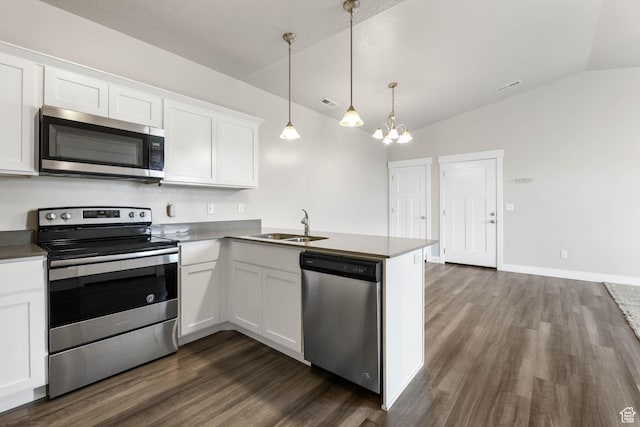 4234 W Mckellen Dr S Unit G301, Herriman, UT 84096 - kitchen featuring stainless steel appliances, lofted ceiling, dark wood-style floors, white cabinetry, and a chandelier