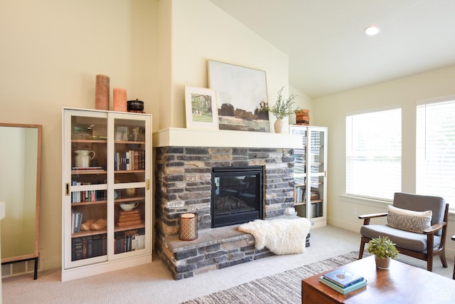 1090 E 770 S, Heber City, UT 84032 - living area with lofted ceiling, carpet, and a fireplace