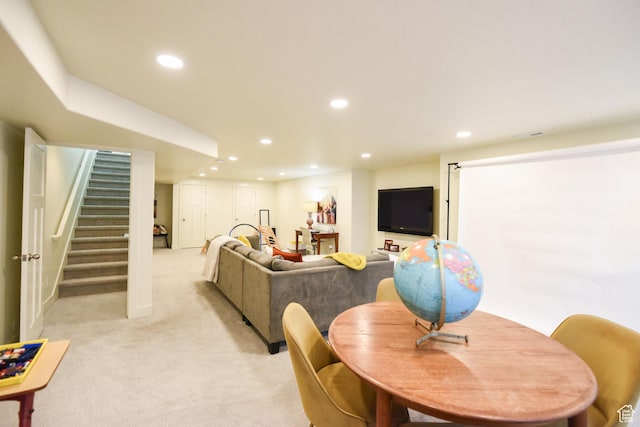 1090 E 770 S, Heber City, UT 84032 - living room with light colored carpet, recessed lighting, and stairway