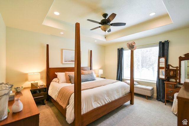 1090 E 770 S, Heber City, UT 84032 - bedroom featuring a raised ceiling, light colored carpet, recessed lighting, and ceiling fan