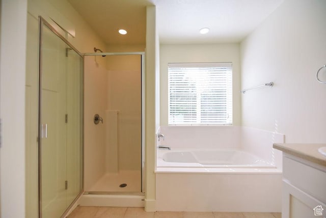 1090 E 770 S, Heber City, UT 84032 - bathroom with a garden tub, vanity, a stall shower, tile patterned flooring, and recessed lighting