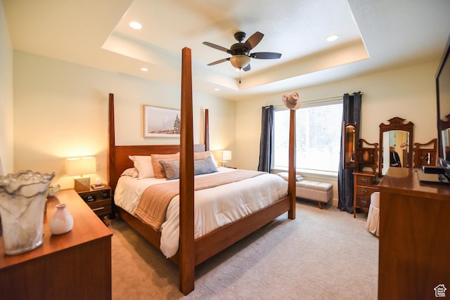 1090 E 770 S, Heber City, UT 84032 - bedroom featuring a tray ceiling, light carpet, recessed lighting, and ceiling fan