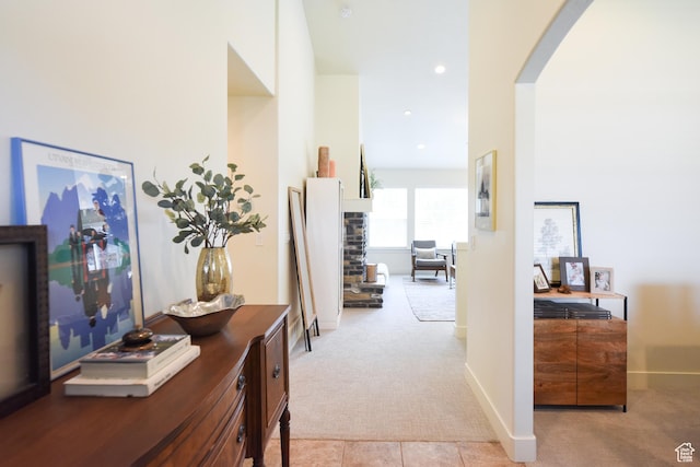 1090 E 770 S, Heber City, UT 84032 - hall with light colored carpet, arched walkways, light tile patterned floors, and recessed lighting