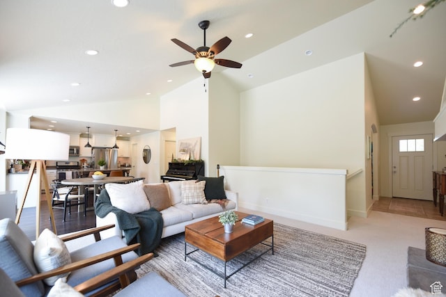 1090 E 770 S, Heber City, UT 84032 - living room featuring lofted ceiling, recessed lighting, ceiling fan, and light colored carpet